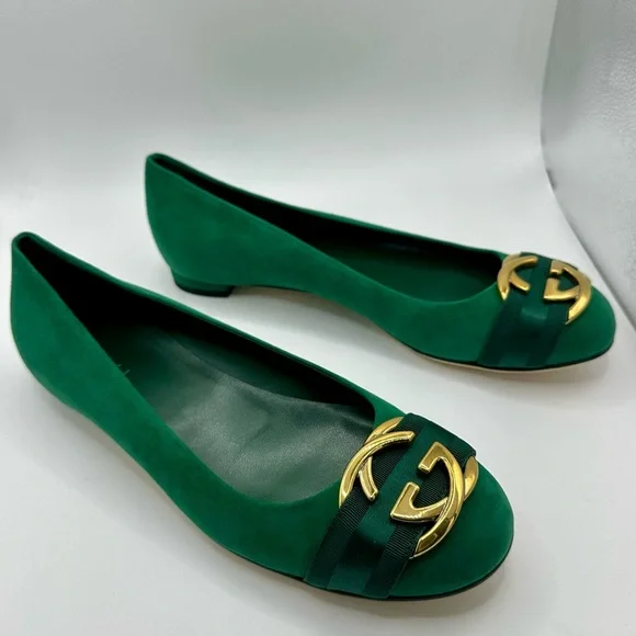 NEW Gucci Emerald Green Flats with Gold Detail WITH BOX AND DUSTBAGS - Picture 6 of 11